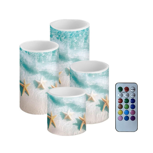Merkmak 4Pcs Flameless Candles with 18-Key Remote Battery Operated Candles with Color Changing Timer LED Pillar Tea Lights for Patio Porch Beach Theme Home Decoration, Starfish Beach