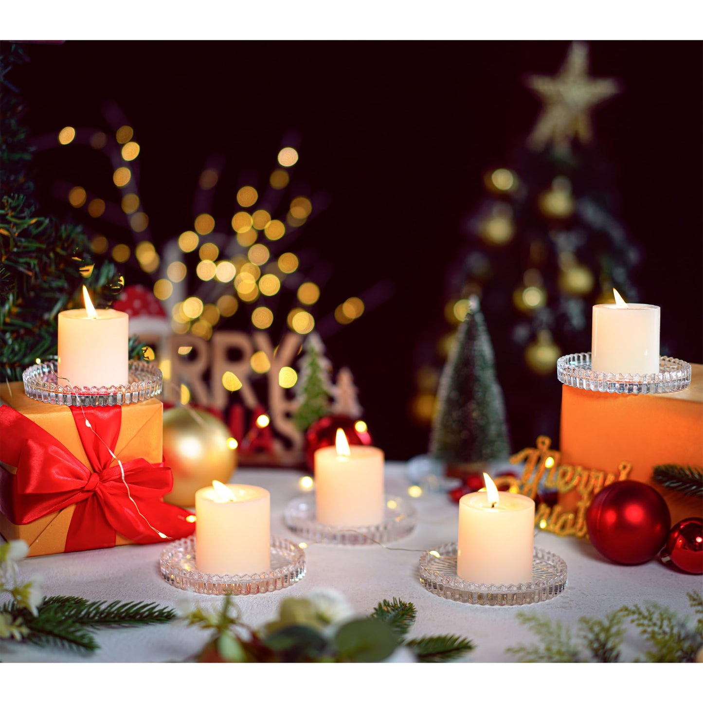 kanpura Clear Glass Pillar Candle Holder Plates Set of 6, 4 Inch Round Glass Candle Tray Plates for Dining Wedding Christmas Party Table Centerpiece