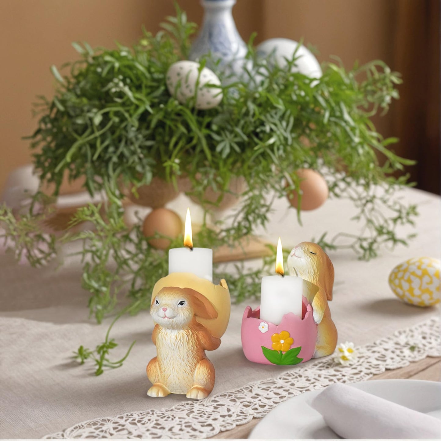 AMOYYT Easter Bunny Decorations Indoor Easter Bunny Figurines 3.5 inch Rabbit Figurines Home Decor 2Pcs Resin Rabbit Candle Holder Table Mantel Spring Decoration for Mom