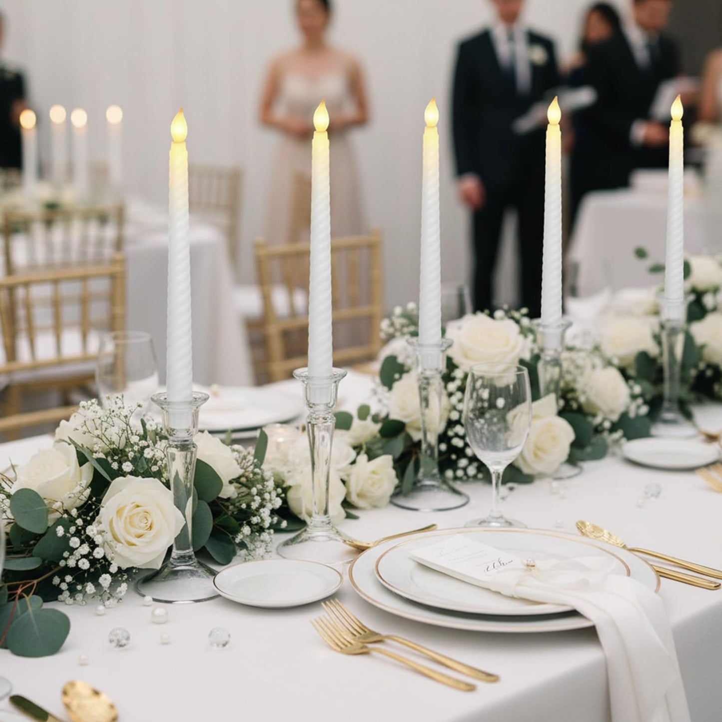 Retisee 50 Pack Easter Flameless Taper Candles 10.6" Spiral Battery Operated Bulk Pastel LED Taper Candles Flickering LED Candlesticks for Easter Wedding Dinner Table Home Decor(White)