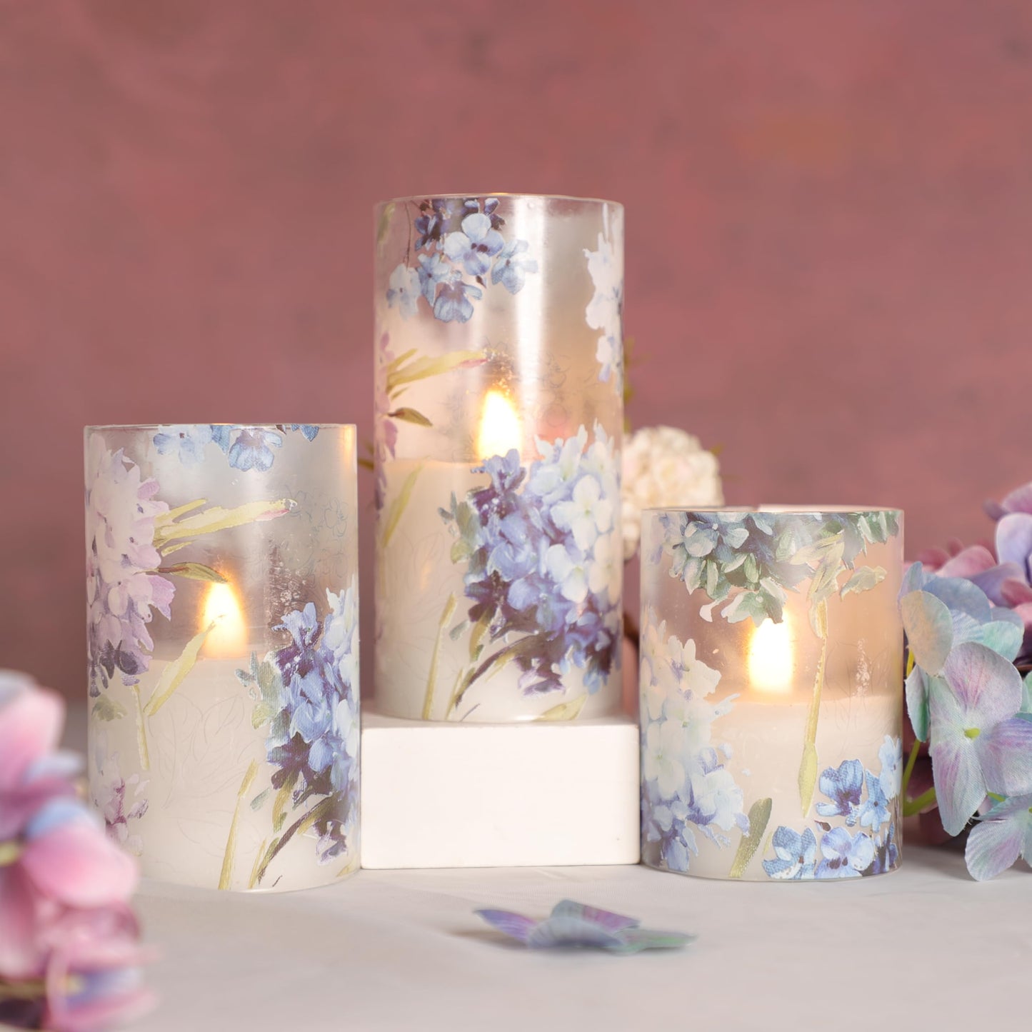 FLAVCHARM Floral Flameless Candles Decorative Battery Operated with Remote Hydrangea Flowers Romantic Lovers Flickering Pillar Candles for Wedding Tray Centerpiece Home Decor