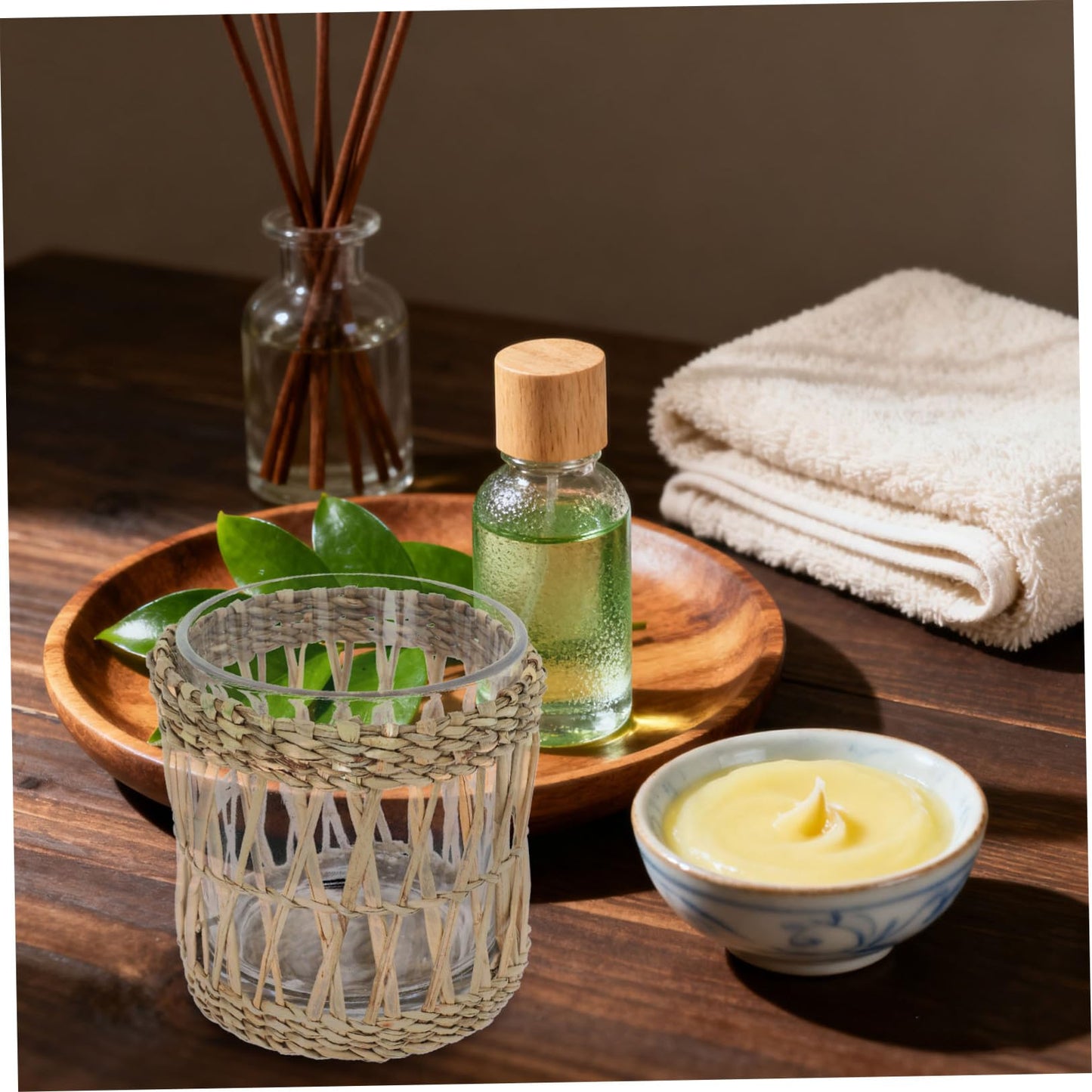 INOOMP Glass Candle Holder with Straw Woven Sleeve, Elegant Tea Light Candleholders for Desktop and Banquets, Aromatherapy and Home Decor, Party and Wedding Table Centerpiece