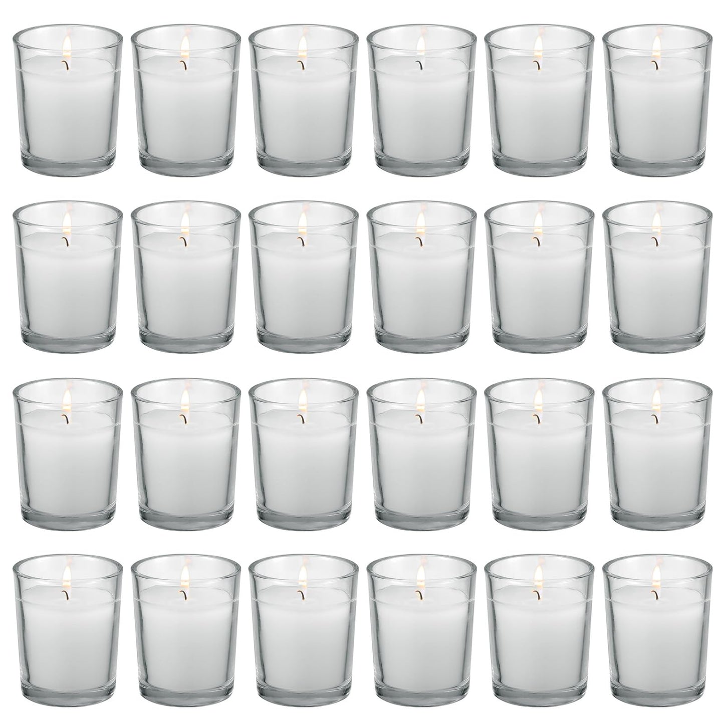 flamecan 24 Pack Clear Glass Filled White Votive Candles. Unscented Votive Candles for Home Décor Spa Weddings Birthdays Holidays Party