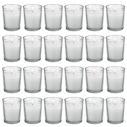 flamecan 24 Pack Clear Glass Filled White Votive Candles. Unscented Votive Candles for Home Décor Spa Weddings Birthdays Holidays Party