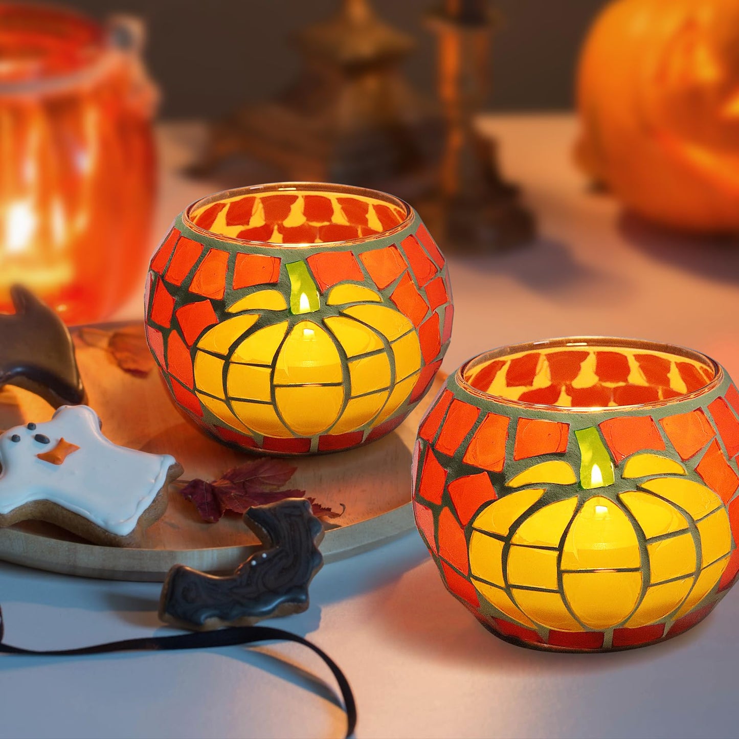 4 PCS Pumpkin Candle Holders, Fall Table Centerpiece Decorations, 100% Mosaic Glass Votive Tealight Candle Holders for Thanksgiving Halloween Indoor Outdoor Decor