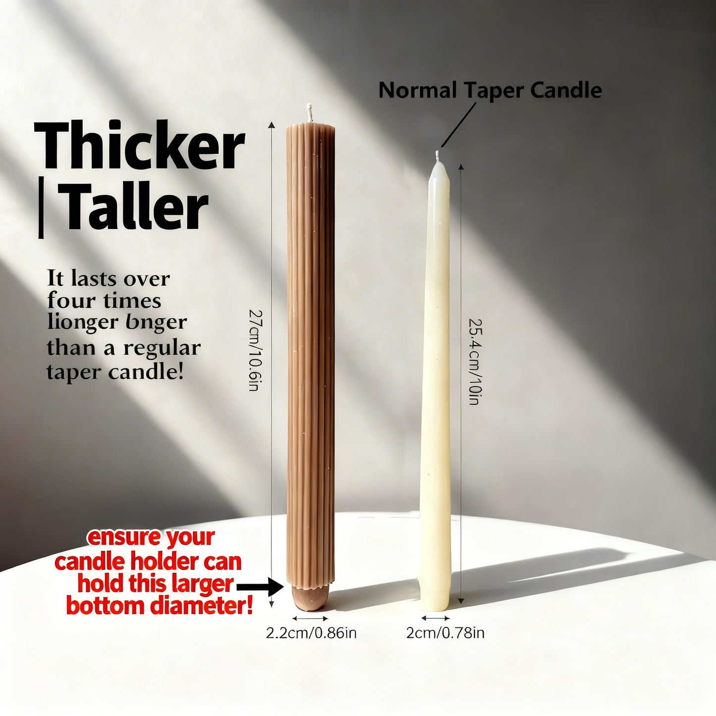 PAMELIFE 2 Pack | 10" Premium Unscented Ribbed Wick Taper Candles, Tall Ribbon Wax Dinner Unscented Modern Home Décor Soy Wax Handmade 12 Hours candlesticks (Brown)
