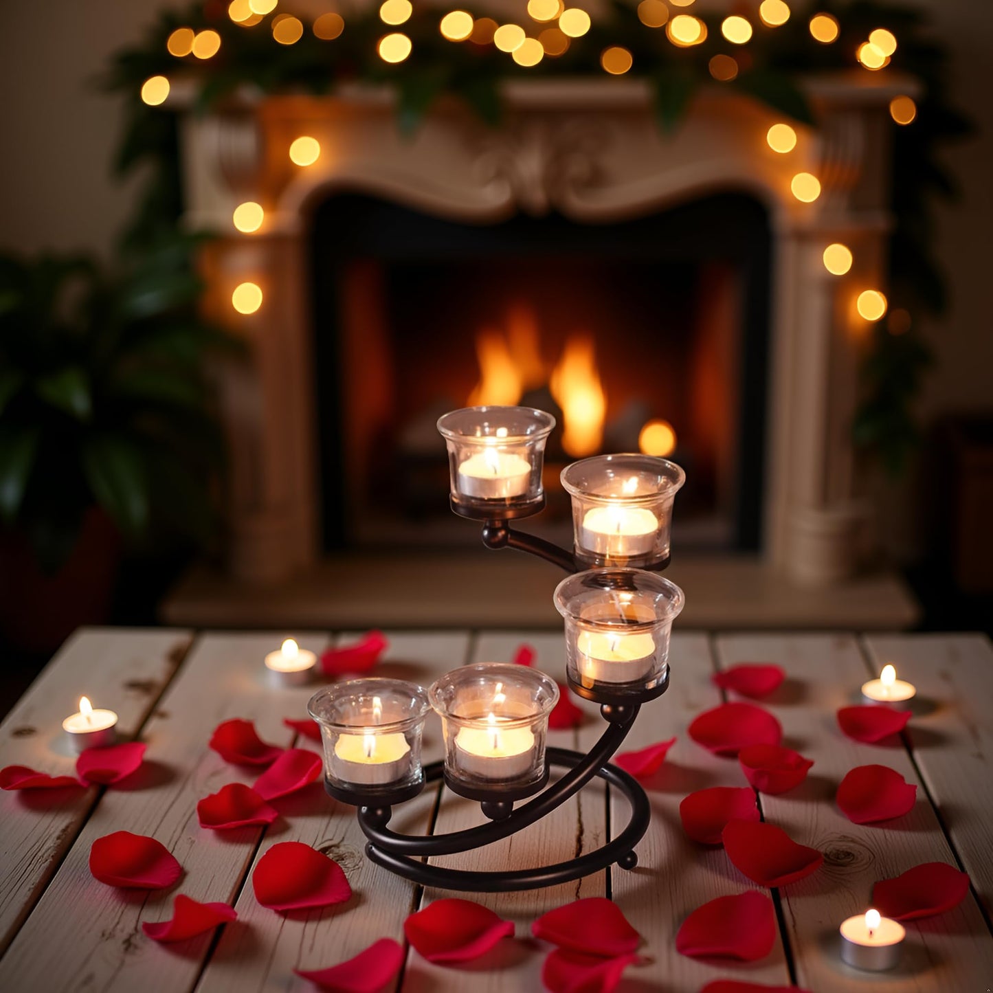 Kolnlala 1PC Clear Chunky 5 Cups Metal Tea Light Candle Holders for Table Centerpiece, Glass Votive Tealight Holders/Candelabra Candlestick Holders for Wedding,Party, Anniversary,Christmas(Black)