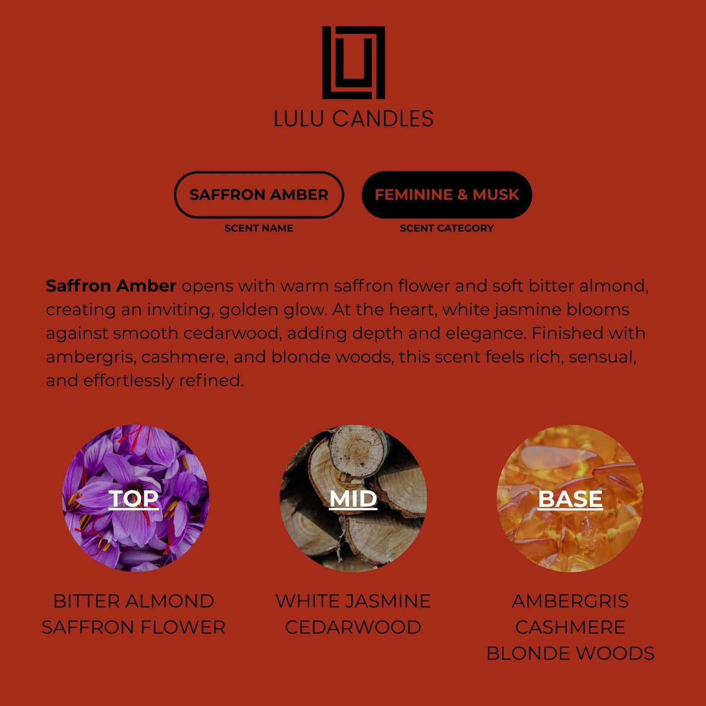 Lulu Candles | Saffron & Amber Scented Candle | Jasmine, Saffron, Cedar & Amber Fragrance | Luxury Soy Blend Jar Candle | Highly Scented, Long Lasting Burn | Home Fragrance (6 Oz.)