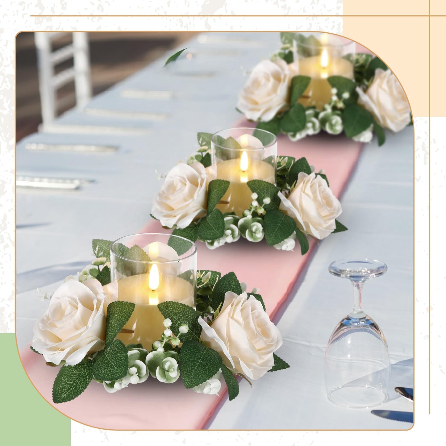 Yunlly 32 Pcs Rose Candle Rings with Flameless Candles Sets, Artificial Flower Eucalyptus Wedding Centerpiece 3 Inch Pillar Candleholders Wreaths for Wedding Party Mother's Day (Champagne)