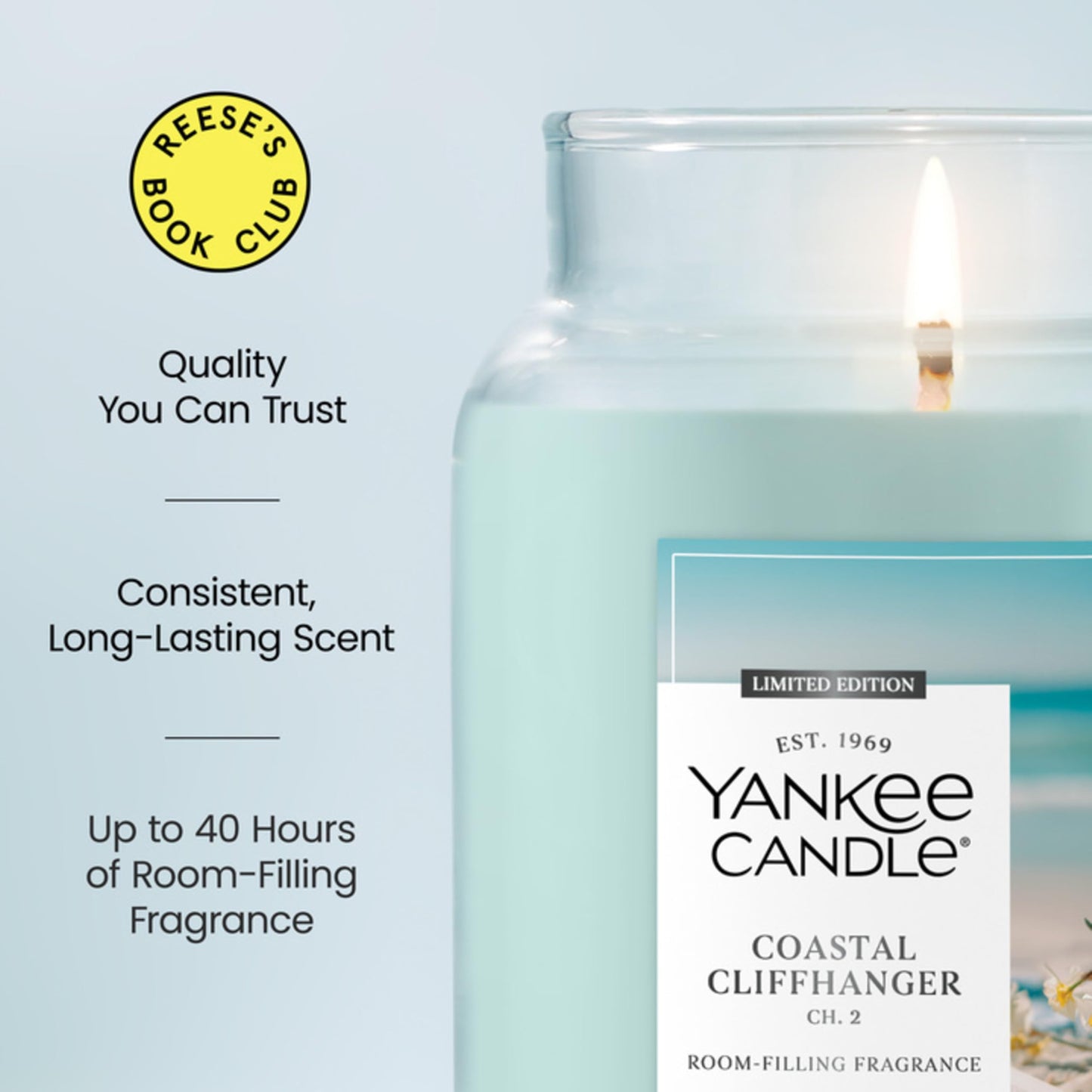 Yankee Candle x Reese’s Book Club, Coastal Cliffhanger, Summer Scented Candle, Sea Daffodil Scent, Solar Florals Scent, 22oz Large Jar Candle with up to 150 Hours Burn Time, Giftable