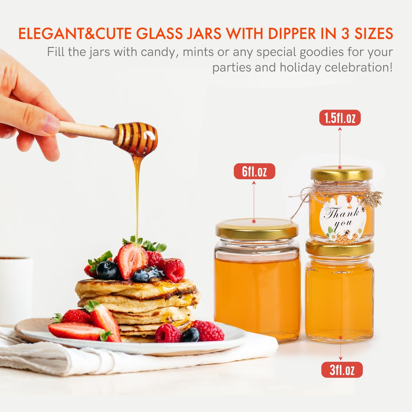 AuroTrends Mini Honey Jars with Dipper 1.5oz 60Pack, Empty Hexagon Honey Jars for Baby Shower Favors/Wedding Favors for Guests Bulk-Mini Glass Jar with Lids/Wooden Dippers (1.5 fl.oz-60Pack)