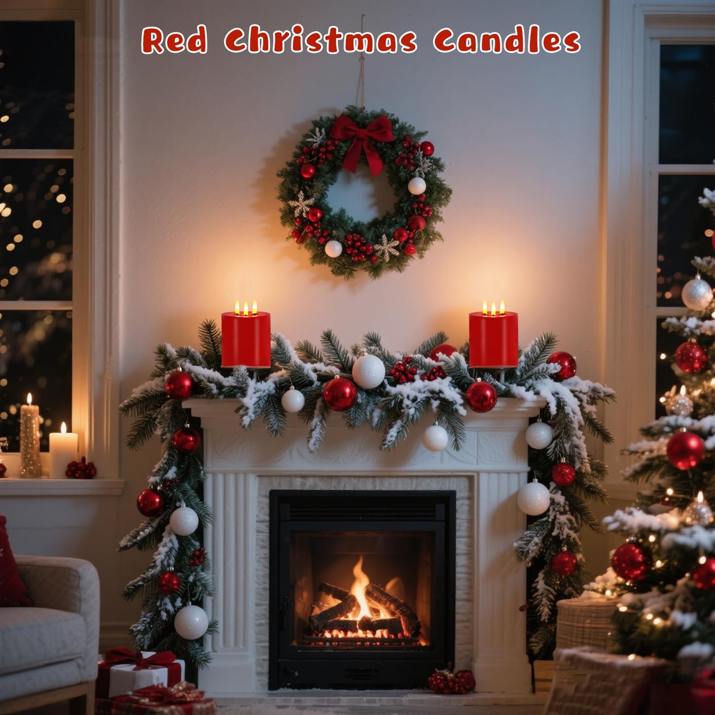 VEEKI Large 3 Wick Flameless Candles, 4"x4" Flickering Flameless Candles with Remote & Timer, Dimmable Real Wax LED Candles Battery Operated, Electric Pillar Candles for Home Xmas Decor (Red)