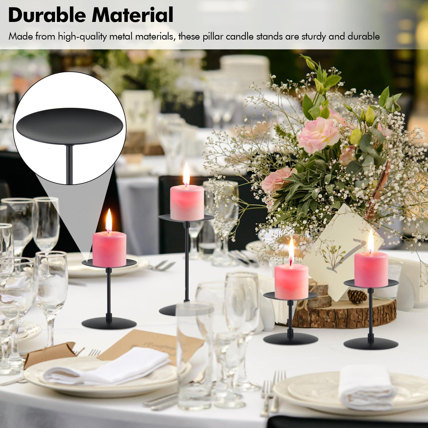 Lunhoo Set of 6 Candle Holders, Metal Pillar Candle Stand for Tabletop Wedding Party Event Birthday Anniversary (Black)