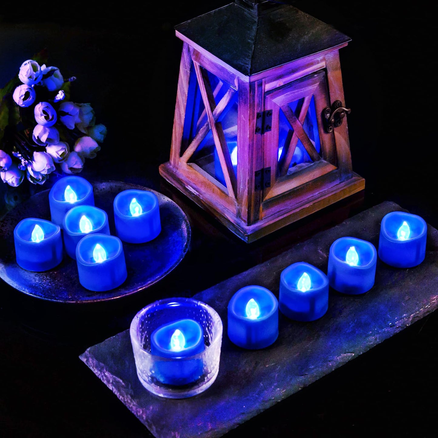 Windshell Blue Flickering Flame Tealight Candles with Auto 6H Timer (No Remote), Battery Operated LED Flameless Tea Lights, for Halloween Christmas Party, 12 Pack