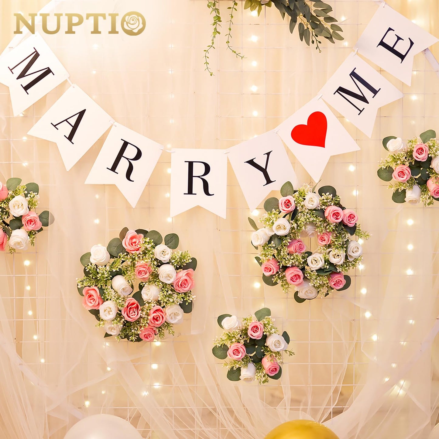 NUPTIO Flower Candle Rings for Centerpieces: 13.4 Inch Artificial Rose Wreath for Wedding Party Christmas - Pink & White Wreaths for Spring Summer Front Door Porch Table Decor 2 Pcs