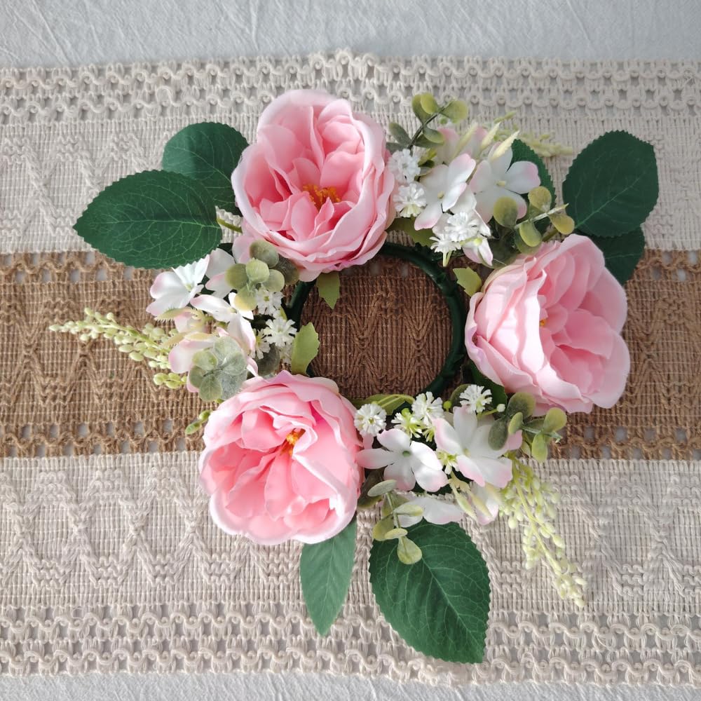 Set of 4 Artificial Rose Daisy Flowers Candle Rings Wreaths 3 Inch Center Green Eucalyptus 8" Floral Small Wreath for Pillars Spring Easter Wedding Party Home All Season Decor (Pink A)