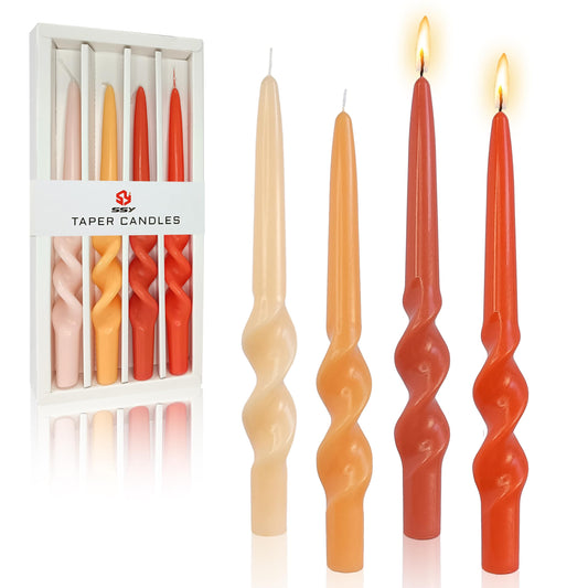 FCMSHAMD Handmade Thanksgiving Spiral Taper Candles - Unscented Long Candles Colored Wax Twisted Candle - 10 Inch Candle Sticks for Wedding Dinner Party Decoration - Set of 4(Gradient Orange)
