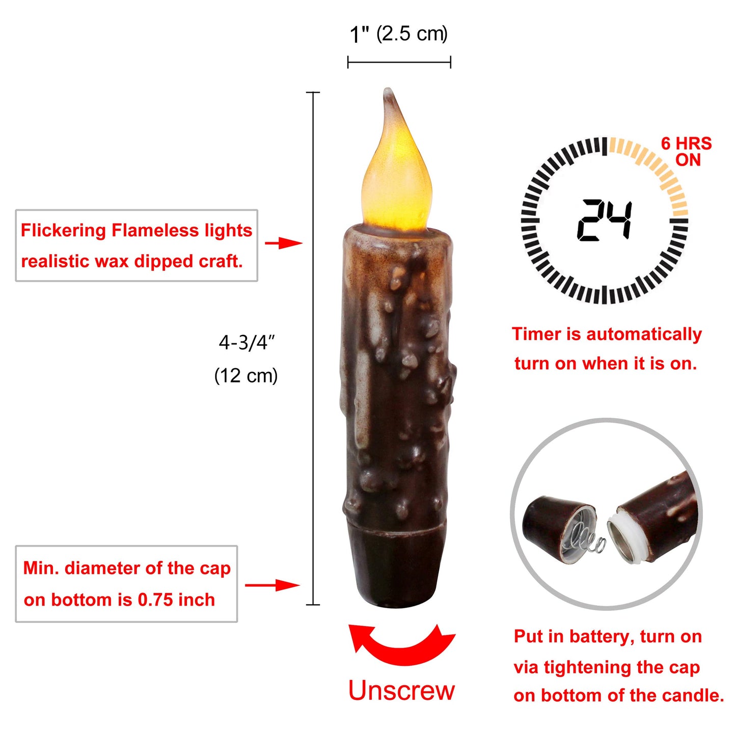 CVHOMEDECO. Real Wax Hand Dipped Battery Operated LED Timer Taper Candles Rustic Primitive Flameless Lights Décor, 4-3/4 Inch, Brwon, 6 PCS in a Package