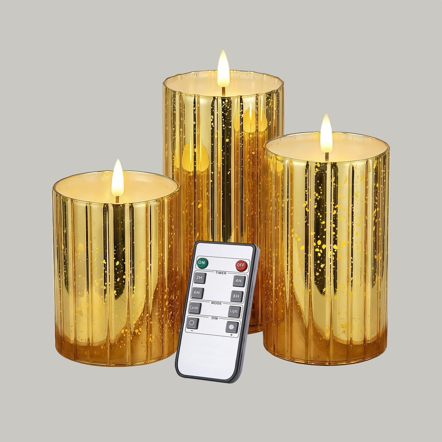 volnyus Gold Glass Flameless Candles Set - 3 Pack(Φ 3" H 4" 5" 6") with Remote,Battery Operated Flickering LED Pillar Candles,Starscape LED Night Lights for Christmas,Home Decor