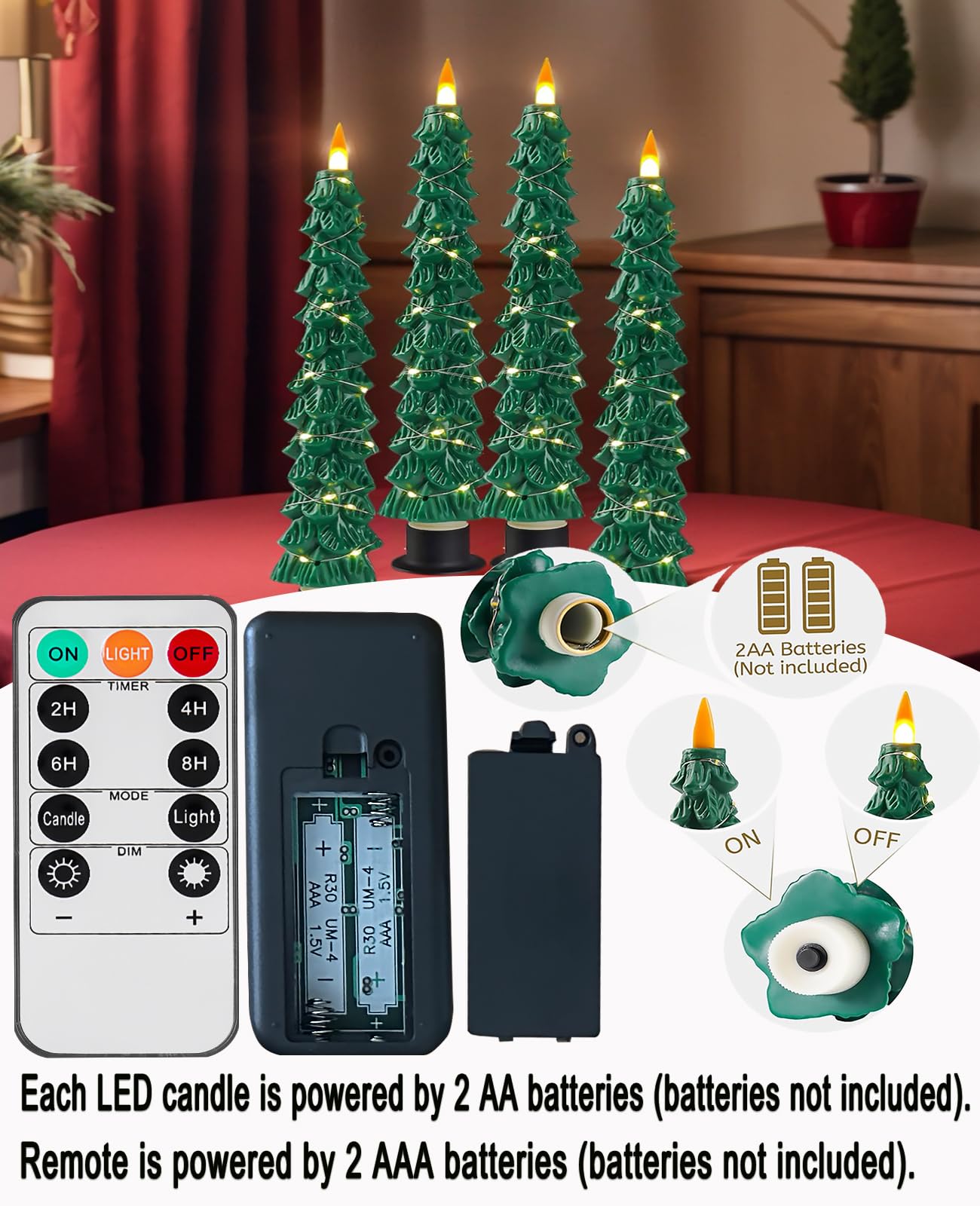Fanzir Xmas Tree LED Flameless Taper Candles with Remote Control Timer 9.5‘’ Battery Operated Candle with String Lights 2Pcs for Christmas Gift or Special Festivals Decorations