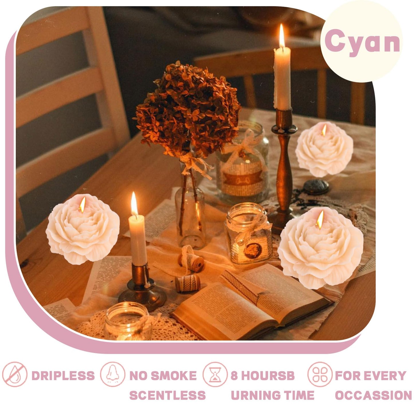 Peony Flower Shape Candles 1 Pack Soy Wax Decorative Candle for Bedroom Home Scented Candle Gift to Friends Family (Champagne)