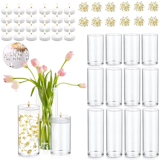 PNJHDZ Set of 12 Glass Cylinder Vases for Centerpieces with 8 Pack Vase filler 12 Pearl String 24 White Floating Candles for Centerpieces, Table Center pieces for Wedding Party Home Decor 5, 6, 8 Inch