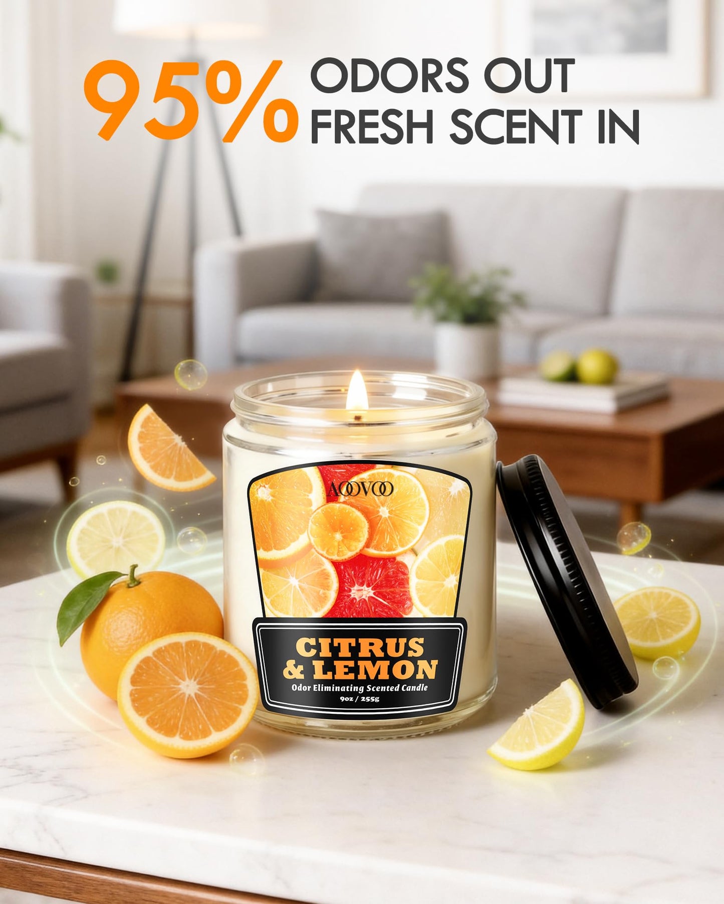 AOOVOO Citrus Lemon 2 Pack Odor Eliminating Candle - Up to 100 Hours Burn time, Eliminates 95% of Pet, Smoke, Food, and Other Smells Quickly, 18 oz Non Toxic Highly Fragranced Air Freshing Soy Candle