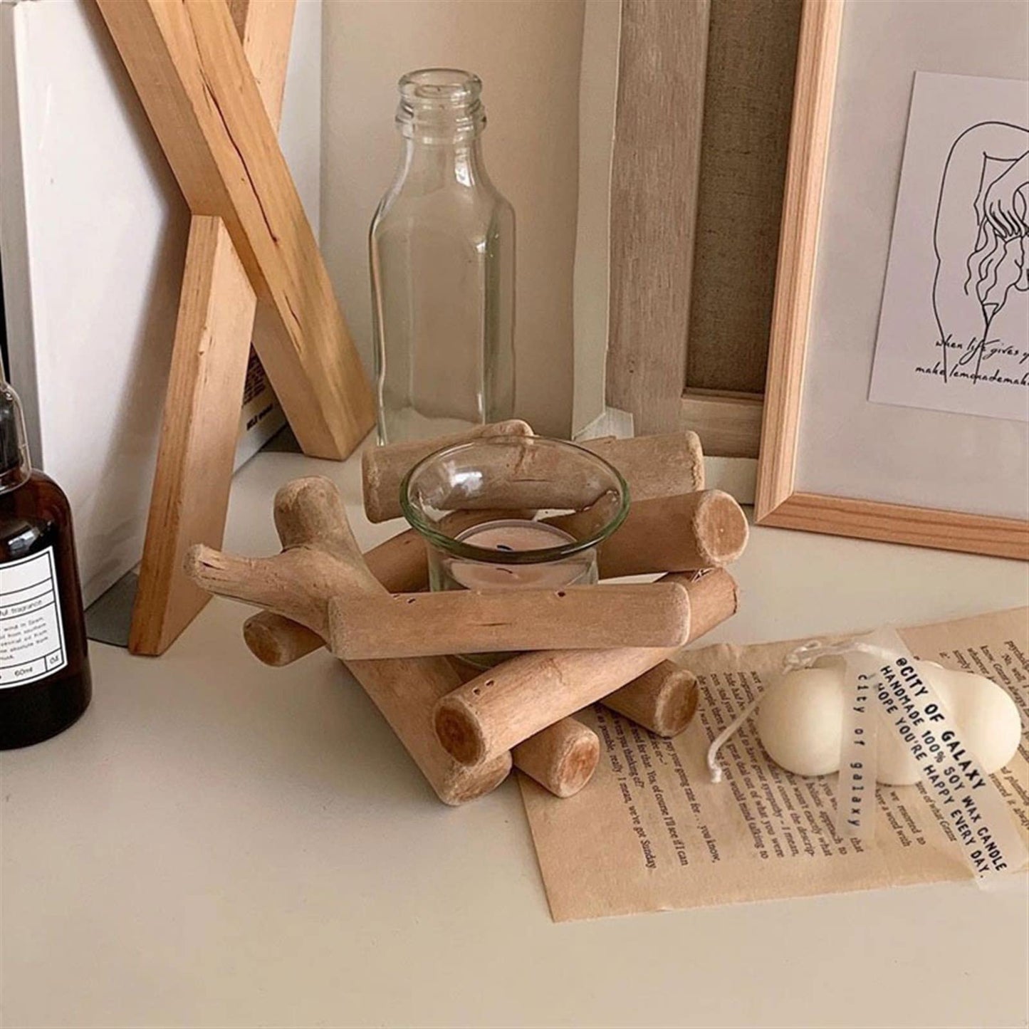 Decorative Candlestick Simple Wooden Candlestick Pastoral Style Glass Creative Decorations Photographic Props Desktop Decorations Candlestick
