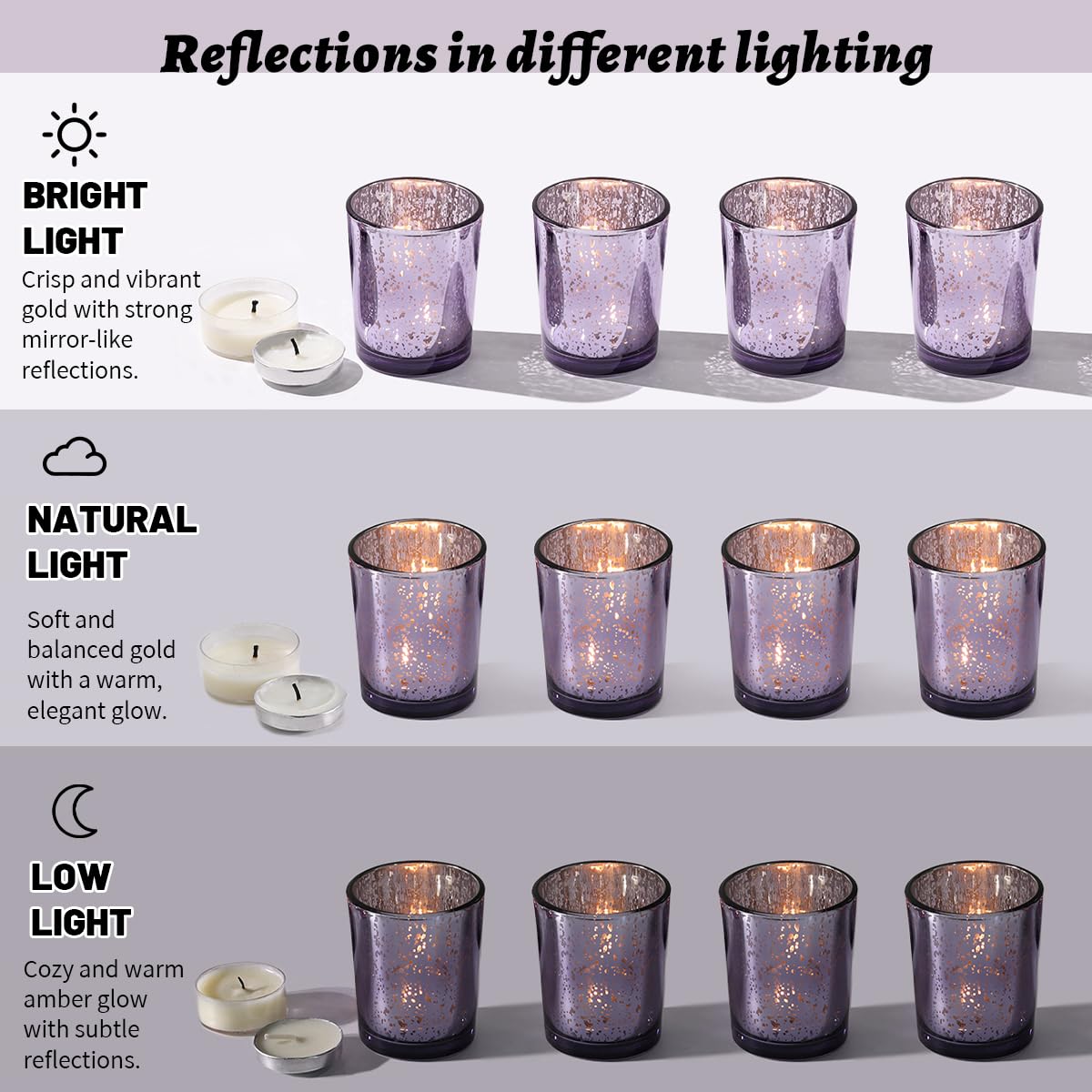 LETINE 48pcs Purple Votive Candle Holders – Glass Tea Light Candles Holder, Standard Votive Size for Regular Votive Candles & Wax Tea Light – Bulk Candle Holder for Party Decoration, Bridal Shower