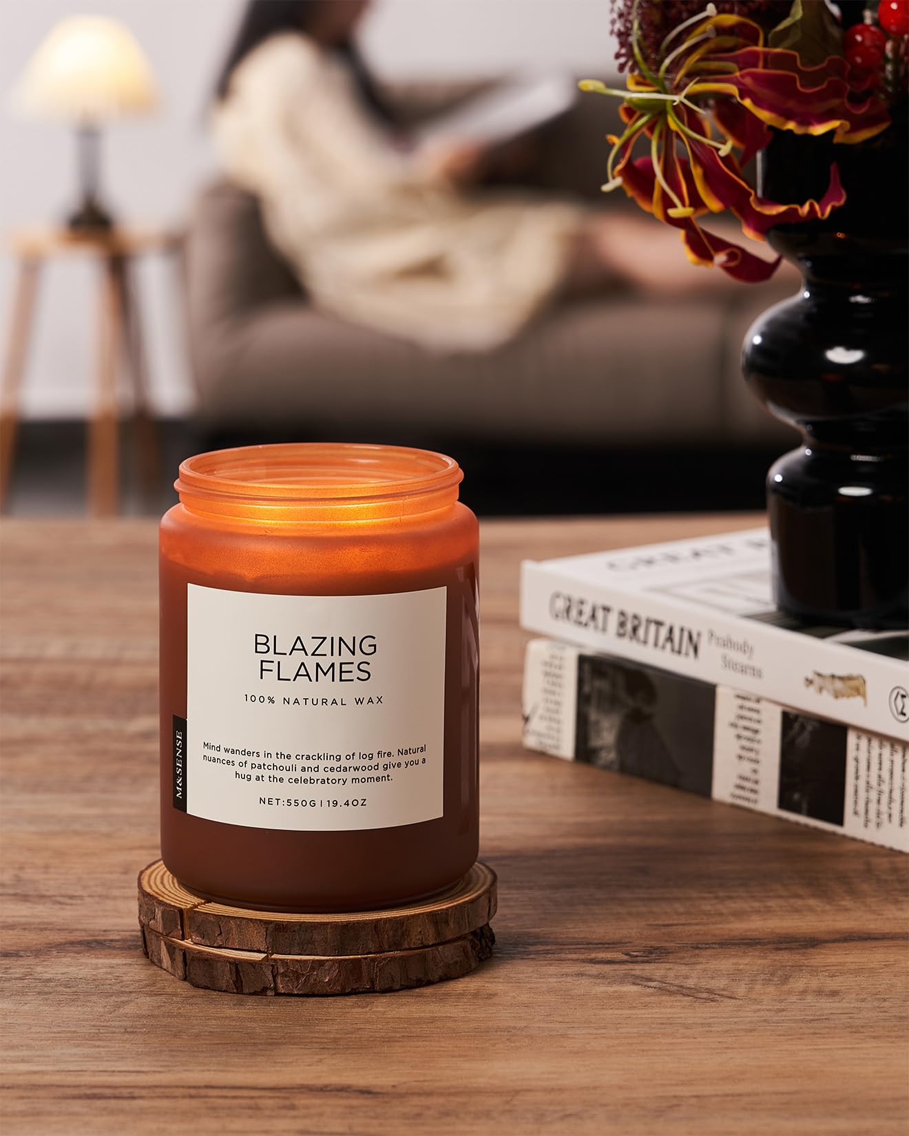 M&SENSE Blazing Flames Scented Candles, Soy Wax 19.4oz 110 Hours Long Lasting Clean Burn, Warm Woods Aromatherapy Candles for Relaxation Large Candle Birthday Holiday Gifts for Men Women