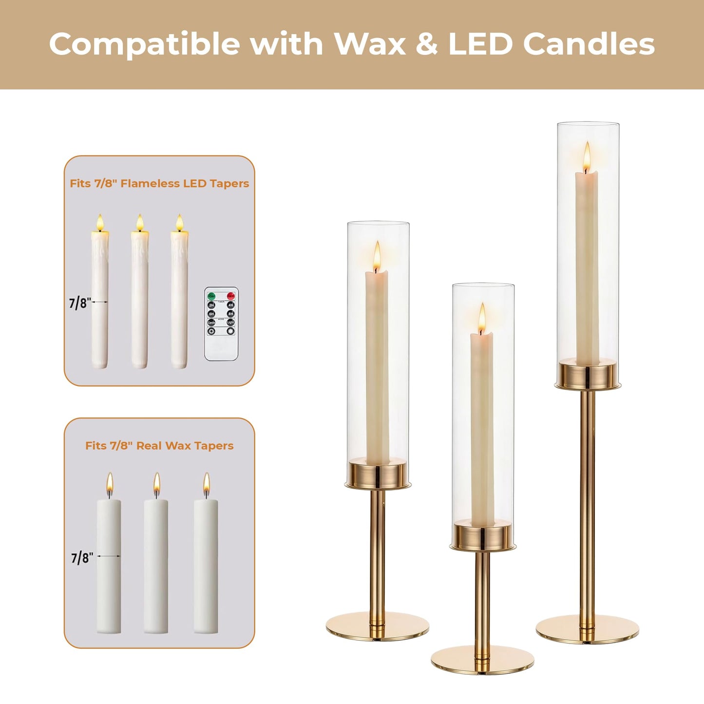 C COMCROSFLY Gold Candle Holders Set of 3, Elegant Glass Hurricane Candlestick Holders for Table Centerpiece, Wedding Decor, Modern Tall Candle Stick Holder for Dining Table, Home Decoration