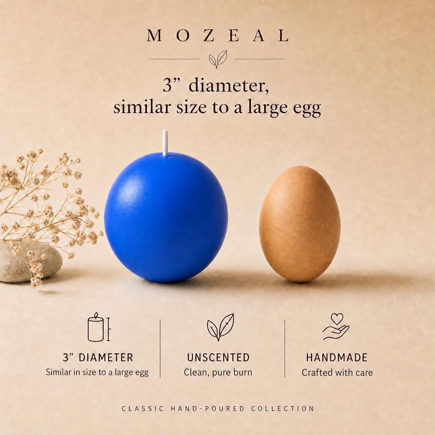 MOZEAL Hand-Poured, 3 Inch Blue Round Ball Candles - Elegant Blue Round Pillar Candles Set of 3, Dripless, Unscented, Smokeless, Ideal for Summer Parties.