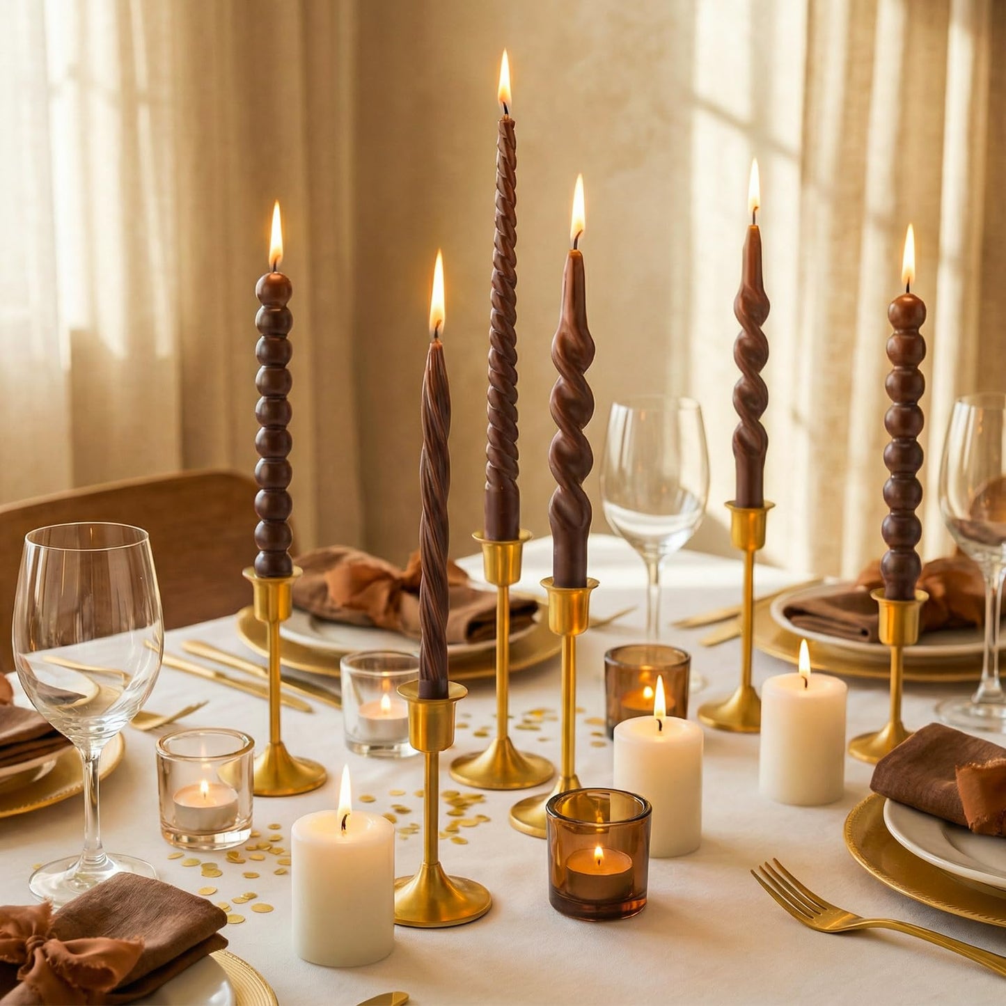 Conelist 10 Inch Brown Twisted Taper Candles Set of 6, Tall Smokeless Twisted Candlesticks for Wedding Holiday Birthday Home Party Decorations