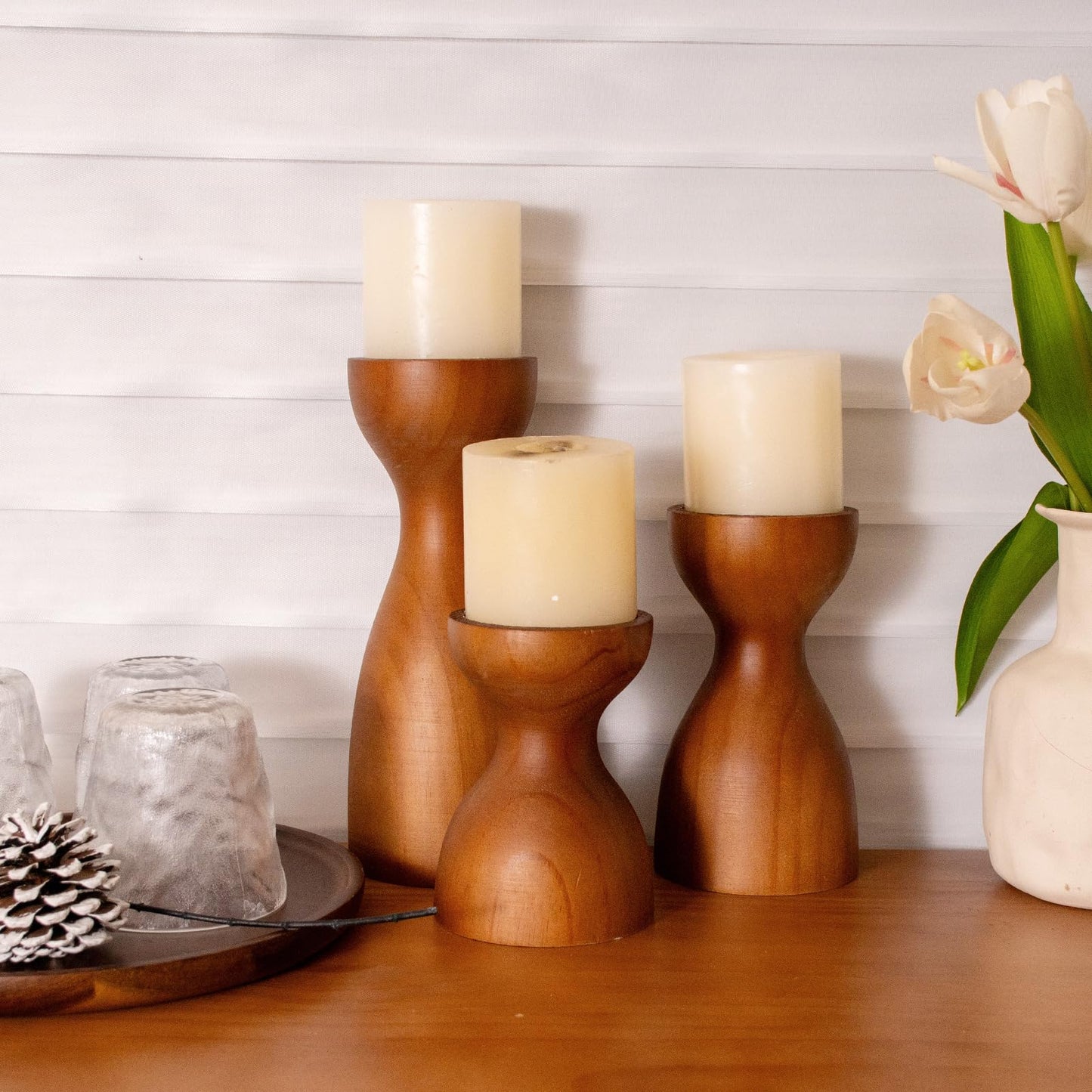 Set of 3 Farmhouse Wooden Candle Holders for Pillar Candles , Brown Rustic Wood Pillar Candle Stands Table Centerpiece Decor for Fireplace, Living, and Dining Room