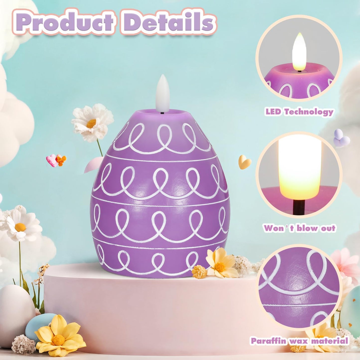 Leorate 3PCS Easter Egg Flameless Candles – 5.2" Battery Operated LED Egg Candles with White Wave Pattern, Green Purple Pink Real Wax Finish, Flickering Flame for Easter Table Centerpiece Spring Home