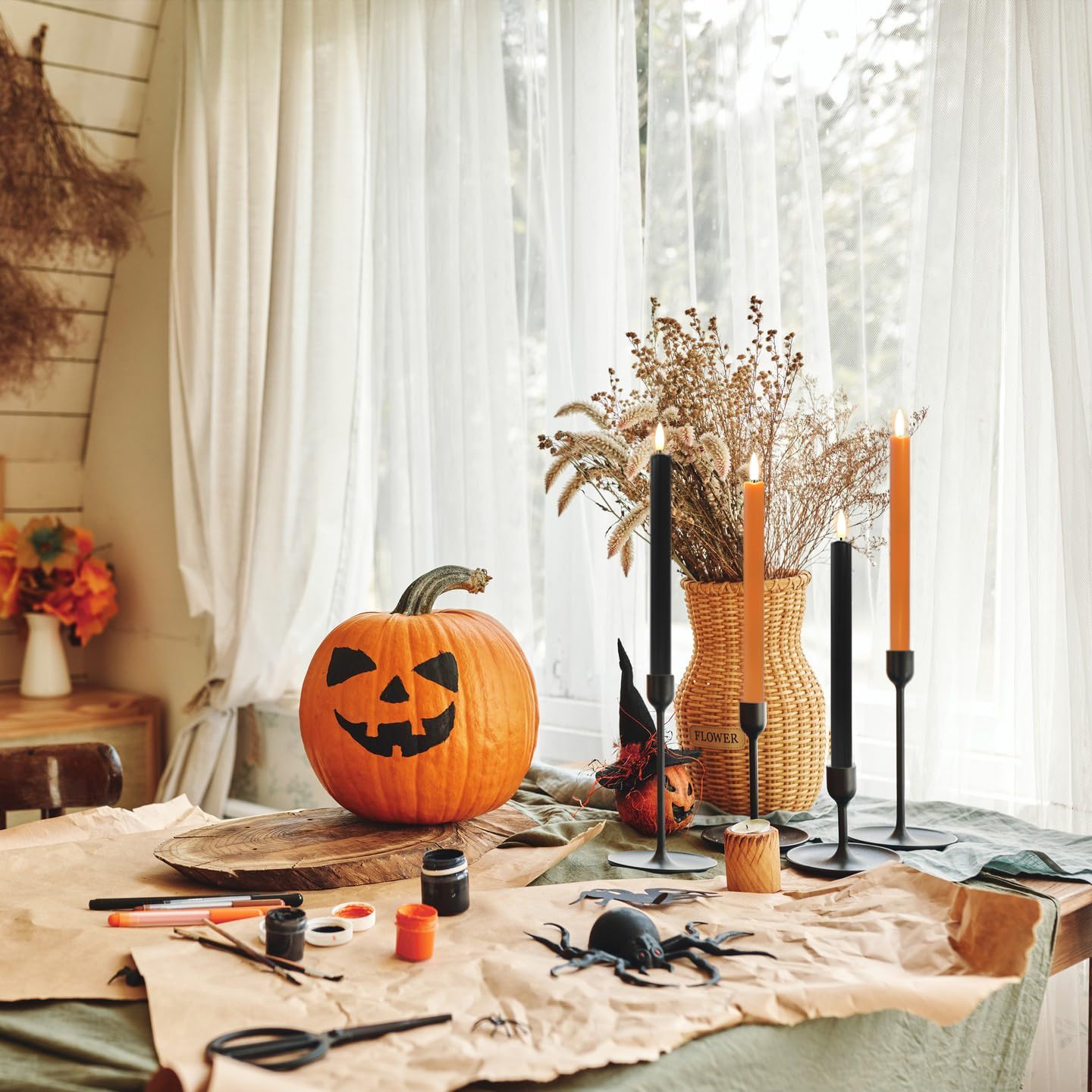 Stmarry Orange and Black Flameless Taper Candles with Remote - 10 Inch LED Candlesticks Flickering, Realistic 3D Flame with Wick, Warm White Light, Home Halloween Decor, Timer - Set of 6