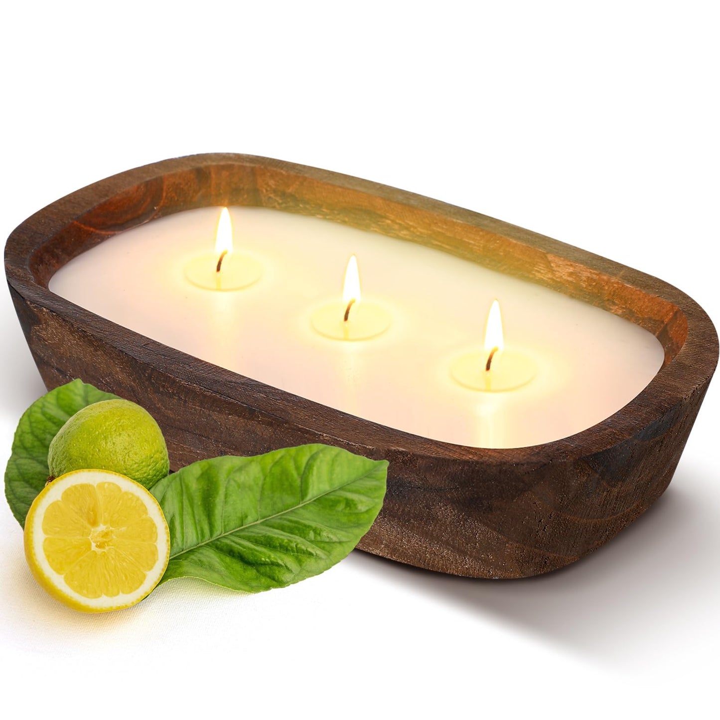 Threlaco 1 Pack 10 Inch Wood Dough Bowl Candles Home Rustic Dough Bowl Soy Candle 3 Wick Scented Candles Gifts for Men Women Farmhouse Table Centerpiece Home Decor for Christmas(Lemon Basil & Citrus)