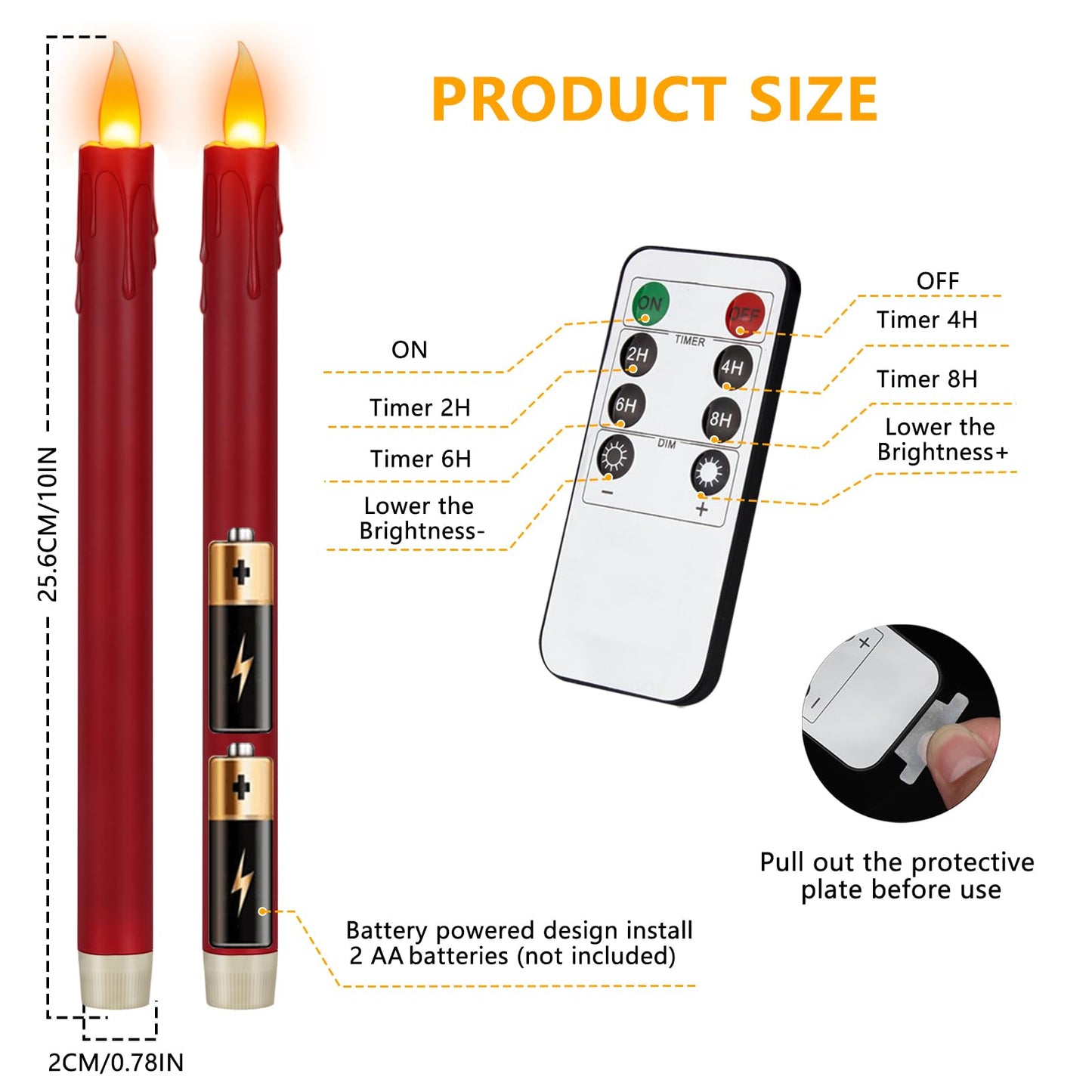 12 Pcs Burgundy Flameless Taper Candles with Remote, 10" Tall Electric Led Candlesticks, Plastic Battery Operated Taper Candles for Halloween Dinner Party Wedding Birthday Home Décor