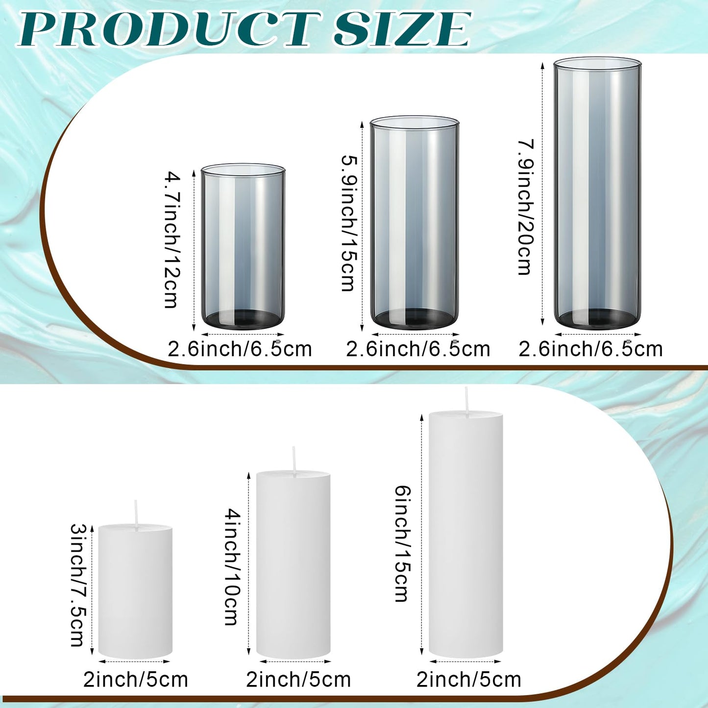 Shihanee 36 Pcs Pillar Candles and Glass Cylinder Vases Tall Cylinder Holders for Pillar Candles Wedding Centerpieces, Total 18 Sets(2.6'' X 4.7'', 5.9'', 7.9'',Smoke Gray,White)