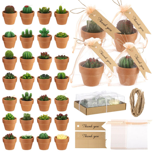 48 Sets Succulent Tealight Candles, Succulent Candle Favors Set, Decorative Cactus Candles with Terracotta Pots, Organza Bags, and Thank You Tags for Wedding, Bridal Shower, Birthday
