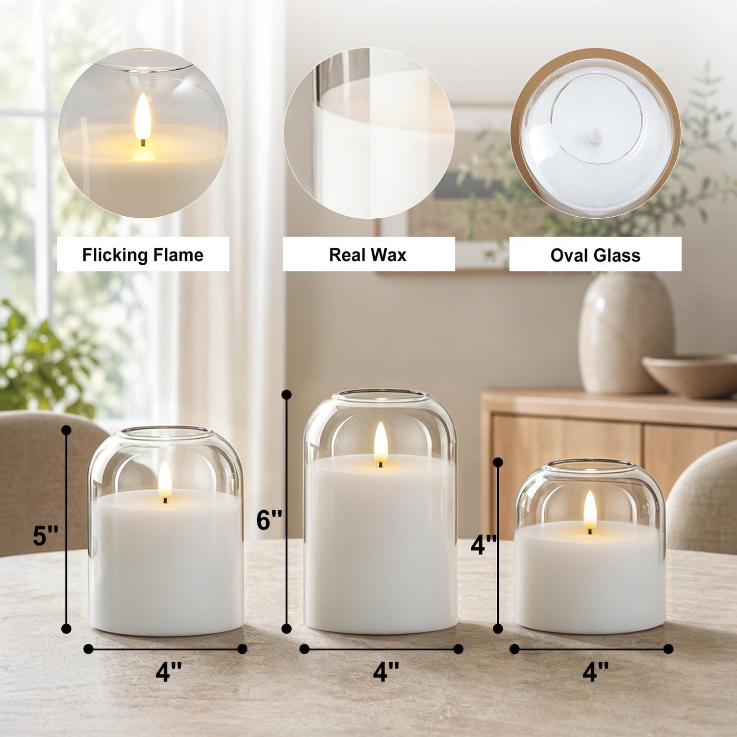 Flameless LED Pillar Candles with Remote and Timer, 3-Pack Clear Glass Battery Operated Candles, Classic Elegant Home Decor, Realistic Flickering 3D Wick for Wedding, Christmas Mantel, Shelf, White