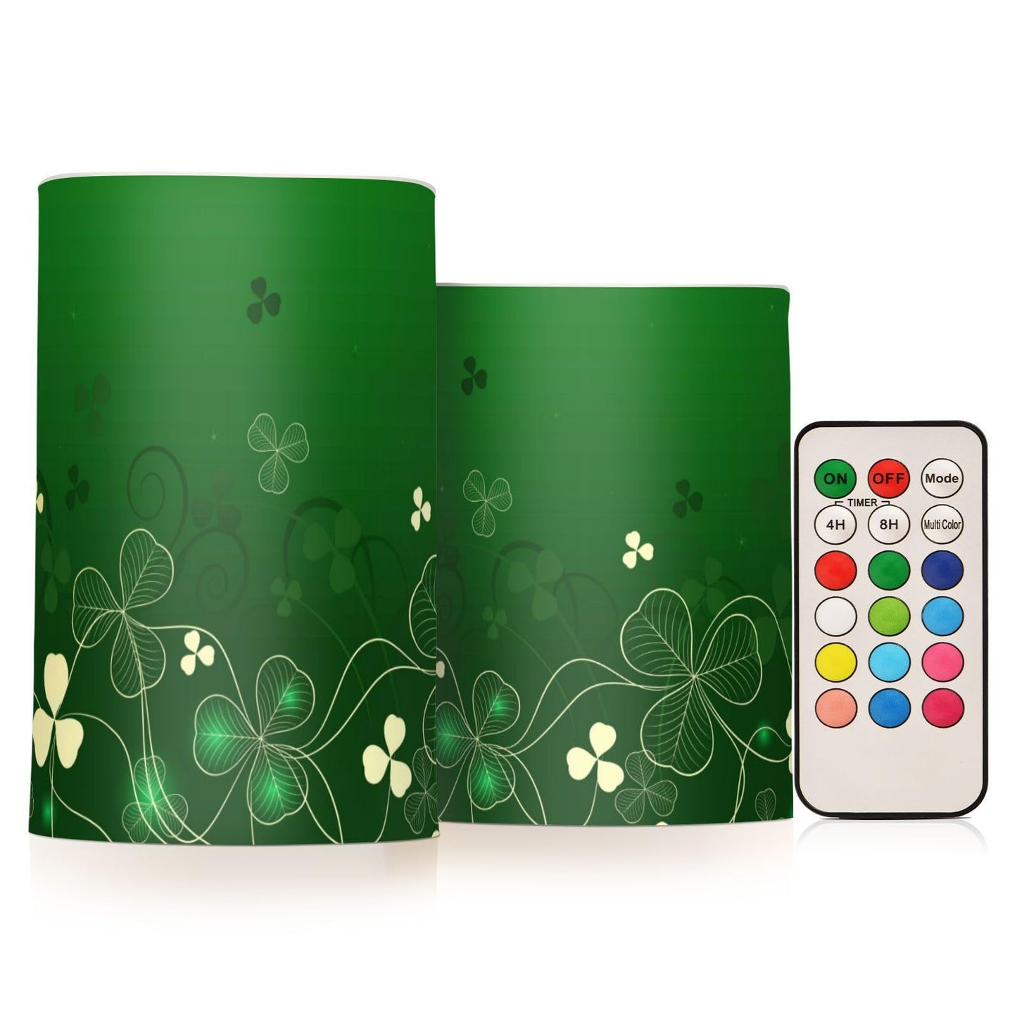 ALAZA Glowing Green Golden Shamrock Flickering Flameless Candles Patrick's Day Battery Operated with Remote Timer,Tea Light Candles LED Pillar Votive Candles Set of 2 for Outdoor Indoor Decorations