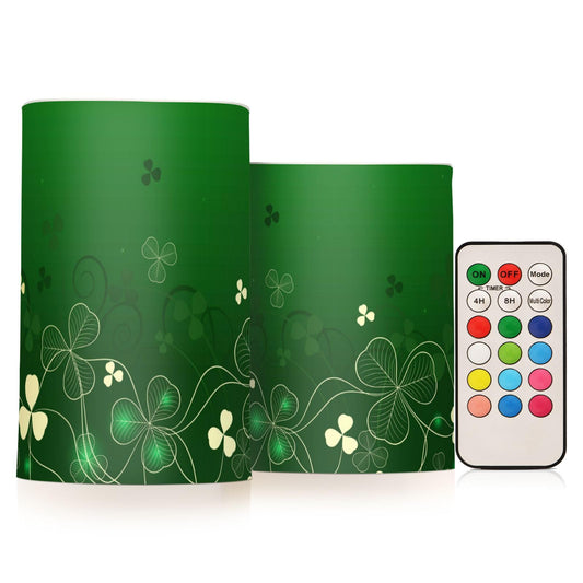 ALAZA Glowing Green Golden Shamrock Flickering Flameless Candles Patrick's Day Battery Operated with Remote Timer,Tea Light Candles LED Pillar Votive Candles Set of 2 for Outdoor Indoor Decorations