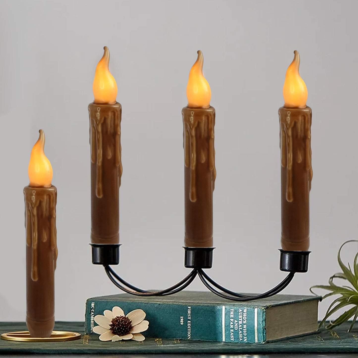 FCMSHAMD Brown Flameless Short Taper Candles, Real Wax Hand Dipped LED Battery Operated with Remote, Flickering Flame Lights for Festival Party Home Décor, 6.7 Inch Primitive Flameless Candles, 4PCS