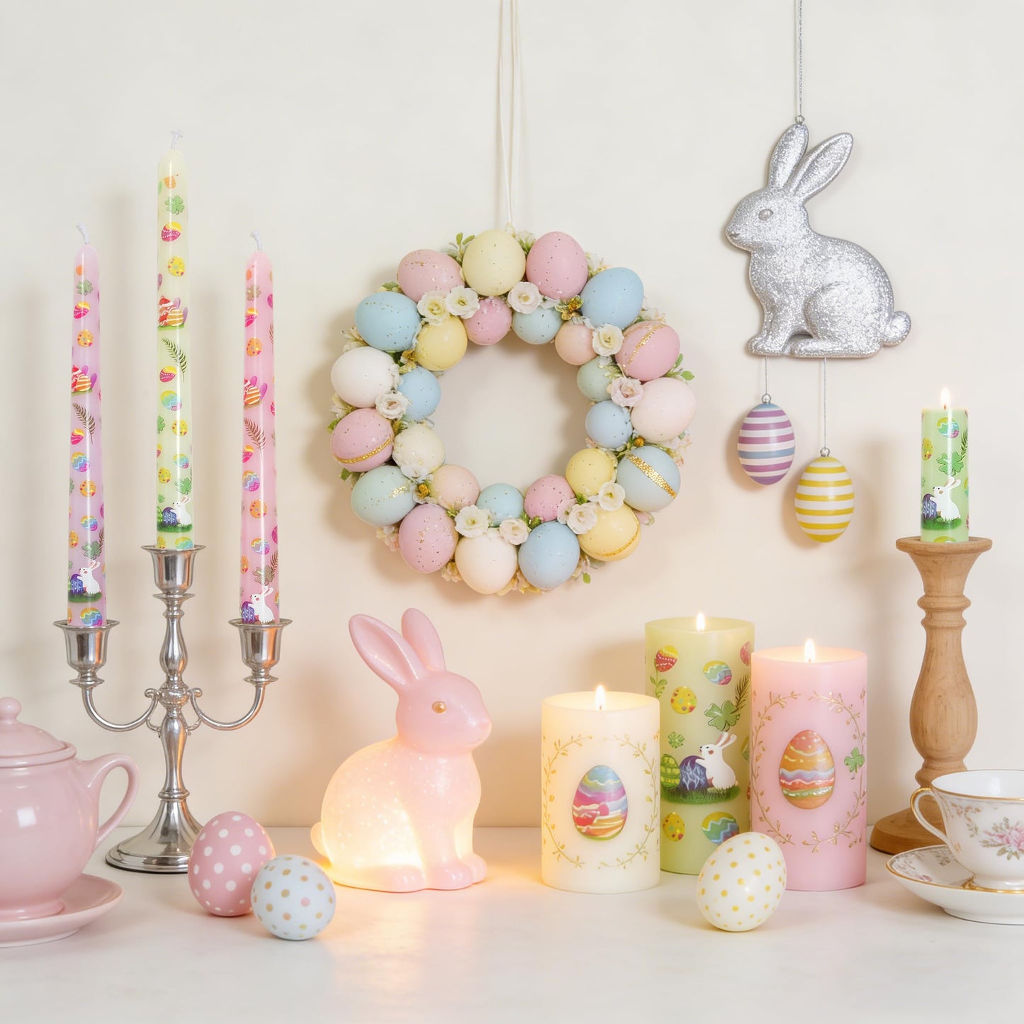 10 Inch Easter Egg Taper Candles 4 Pcs Unscented, Smokeless, Dripless Long Tapered Candlesticks Candles for Easter Dinner Party Home Decor