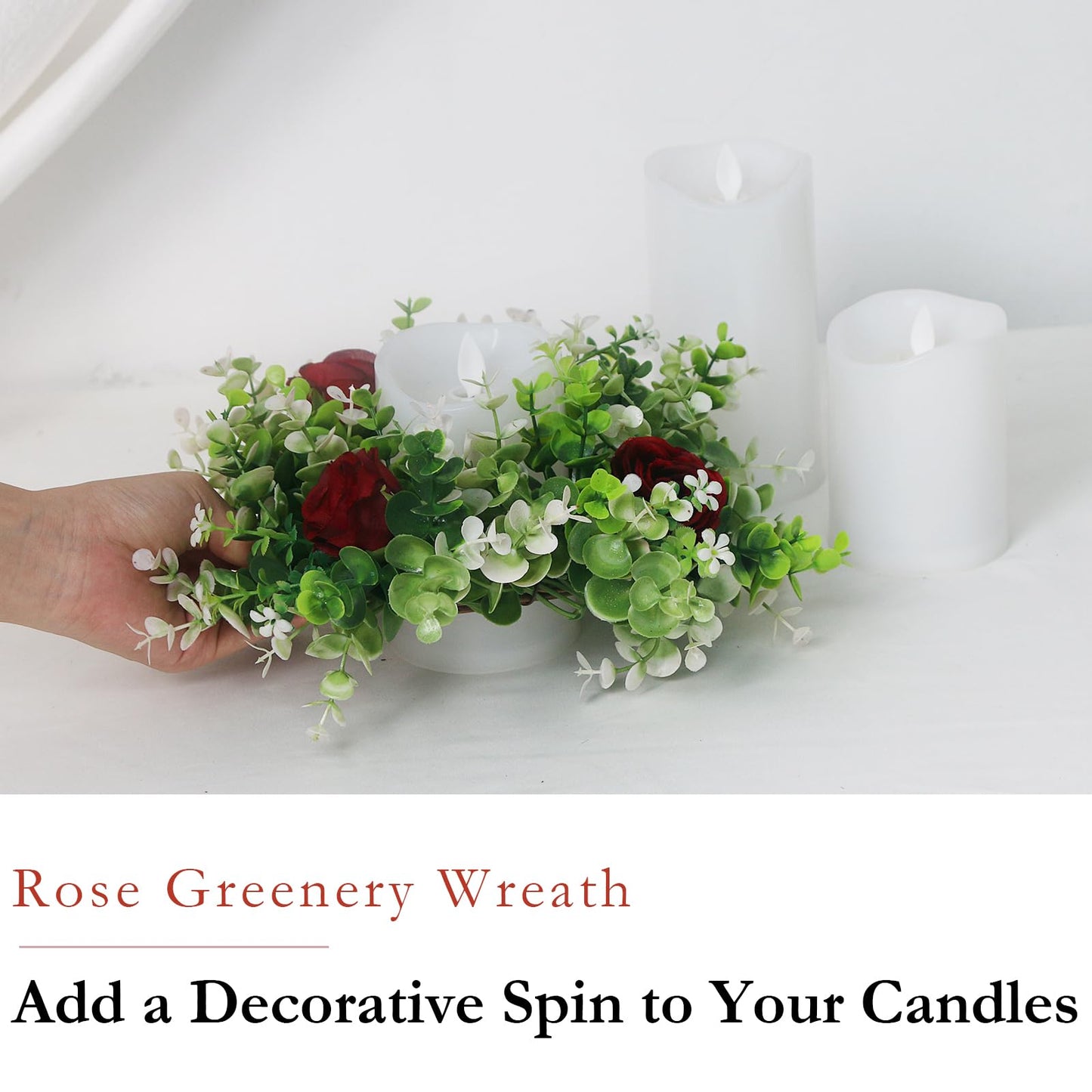 Acmee 4 Pcs Rose Floral Candle Rings Artificial Burgundy Flowers Wreaths with Green Eucalyptus Leaves Rose Candle Rings for Pillar Wedding Farmhouse Centerpiece Home Decor