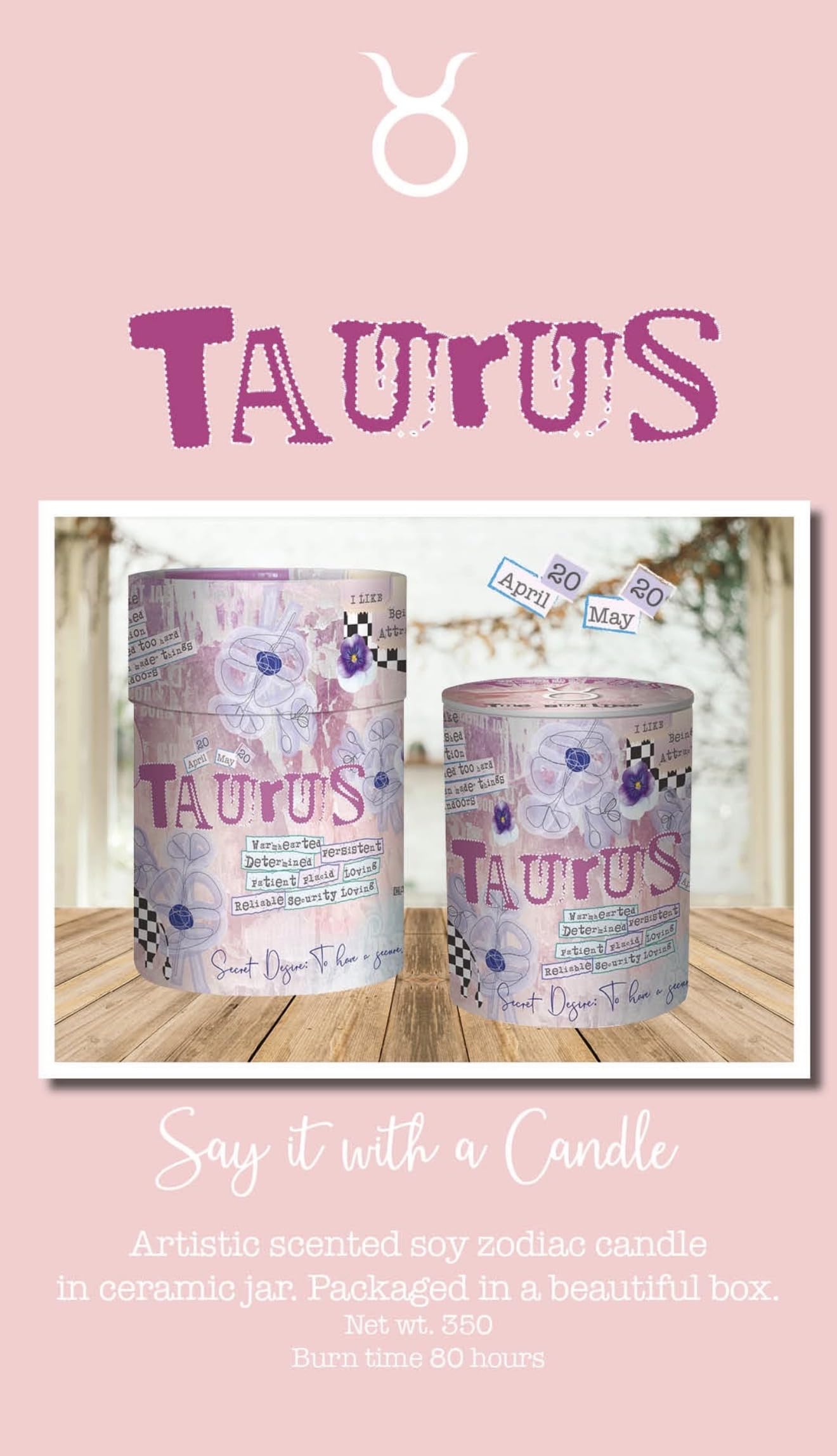 Taurus Zodiac Candle – Jasmine Scented Soy Candle for Self Care & Relaxation – Zodiac Birthday Gift – 80 Hour Burn – Reusable Ceramic Jar