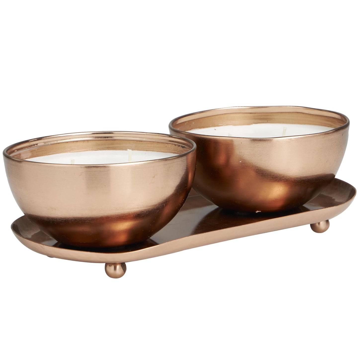 Deco 79 Metal Tropical Breeze Scented Double 12 oz 2 Wick Candle with White Wax and Tray, Set of 2 10" W, 3" H, Copper