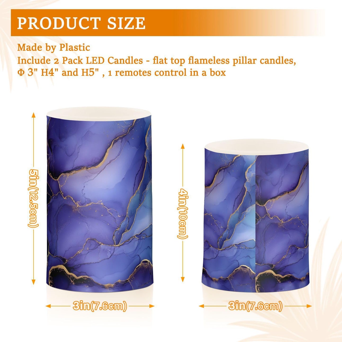 zyrtty 2 Pack Plastic Flameless Candles Gold Blue Purple Wild Marble Battery Operated with Remote and Timer Real Wax LED Flickering Pillar Candles Set Window Christmas Holiday Decor