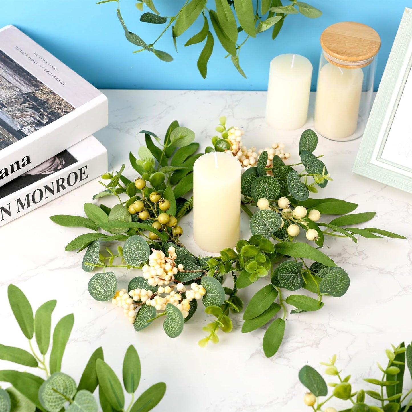 6 Pcs Green Eucalyptus Candle Rings Wreaths Spring Summer Kitchen Cabinet Wreaths Mini Green Berry Leaves Candle Wreath for Pillars Farmhouse Festival Wedding Celebrations Tabletop Decoration